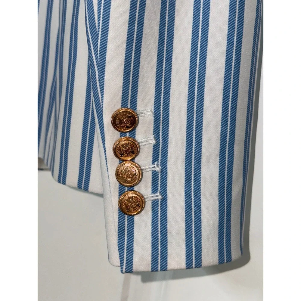 TOCCIN Blue White Striped Double Breasted Blazer Gold Button Peaked Lapel Jacket